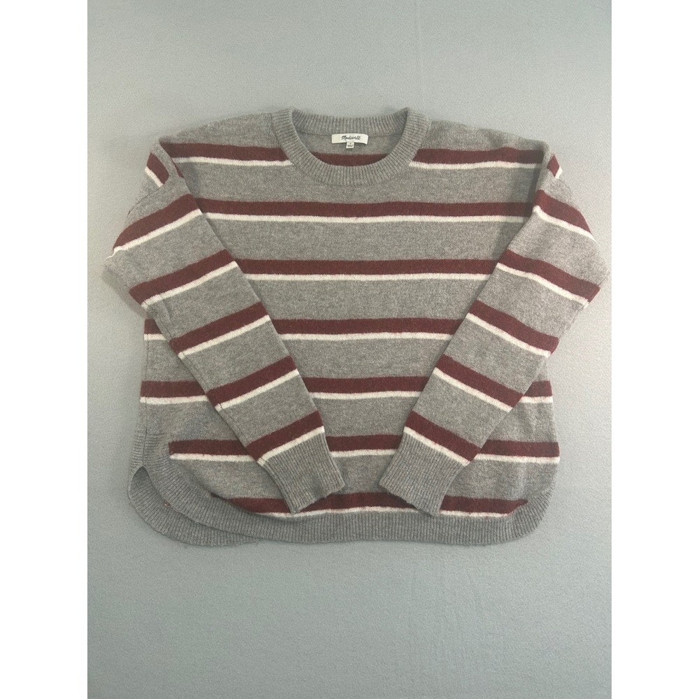 Madewell Sweater Womens S Grey Burgundy Striped Alpaca Wool Blend Crewneck Knit
